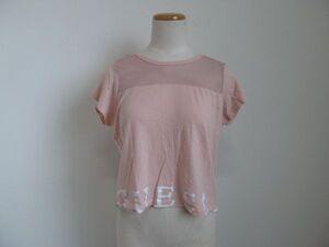 (58412)GUESS　ゲス　レディース　半袖　Tシャツ　カットソー　メッシュ　ピンク　ロゴ　S　USED