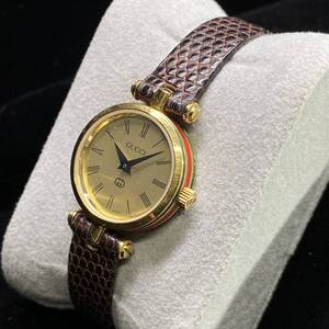 1円～ 6T10701224 GUCCI グッチ シェリーライン ゴールド文字盤 ローマン QZ クォーツ レディース 腕時計 純正ベルト 動作未確認 現状品