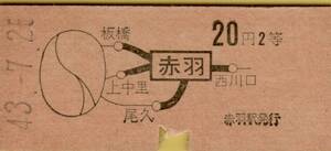 ◎ 国鉄 赤羽 ２０円 【 地図式 乗車券 】Ｓ４３.７.２５ 赤羽駅 発行 ２等　Ｂ型