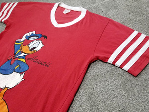 80s~ USA製 ビンテージ VelvaSheen ベルバシーン ドナルドダック Tシャツ M HAWAII ハワイ 赤白 アメリカ製 ディズニー DISNEY