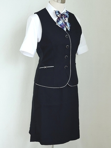 17号 SUNPEXIST 濃紺 事務 中古 ◆ OL制服 / 事務服 ◆ ベスト,スカート,ジャケット 上下セット,中古ブラウス,新品リボンのオマケ付