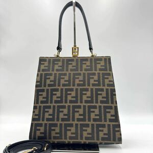 1円【希少/美品】FENDI フェンディ 2way ハンドバッグ ショルダー クロスボディ ズッカ柄 FF ロゴ がま口 キャンバス レザー ブラック 黒