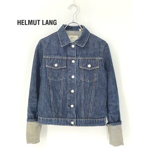 A9087/90s 美品 春夏 HELMUT LANG ヘルムートラング 初期タグ 本人期 長袖 銀ボタン 変形 デニム ジャケット ブルゾン38 S程 青 レディース