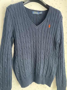 ◆ポロ　POLO　ラルフ・ローレン　RALPH LAUREN◆USED　2回 ◆ケーブル編み　コットン　Vネック　セーター ◆Mサイズ◆ネイビー