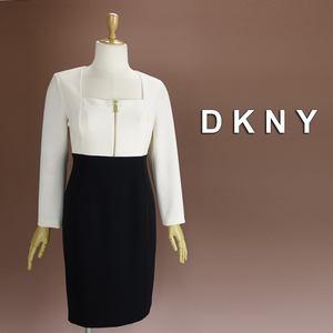 半額セール★新品 DKNY 16/21号 ダナキャラン 黒 白 ゴールド ワンピース パーティドレス 長袖 大きいサイズ 結婚式 二次会 葵47YY1502