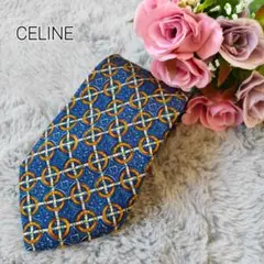 CELINE セリーヌ　ネクタイ　総柄　パターン柄　格子柄　花柄　ブルー