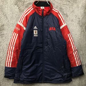 △ adidas アディダス 中綿ブルゾン ASA ナイロンジャケット ウインドブレーカー 朝日新聞 サイズL 紺色 メンズ アウター 最落なし（317）