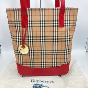 ◆ BURBERRY バーバリー ノバチェック ロゴ型押し キャンバス カーフ レザー ショルダー トート バッグ 赤 黒 ベージュ 白 is KBS