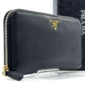 未使用級◆PRADA プラダ 長財布 ロングウォレット シボ革 レザー ラウンドファスナー 金ロゴ ゴールドロゴ ブラック 黒 メンズ レディース