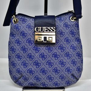 未使用に近い 鑑定済 ゲス GUESS ショルダーバッグ 斜め掛け ネイビー・ブルー 金具シルバー レディース 即日配送