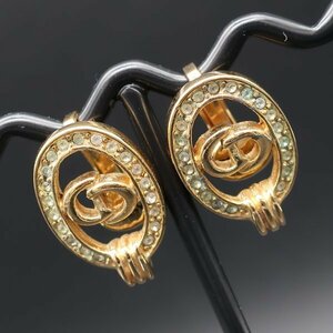 正規品 ディオール Dior イヤリング Earrings CDロゴ Logo ラインストーン Rhinestones ゴールドカラー Gold Vintage Authentic Mint