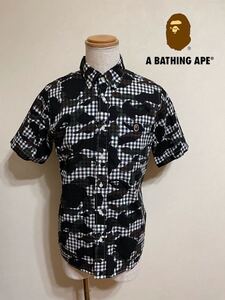 【美品】 A BATHING APE ア ベイシング エイプ カモフラ ギンガムチェック ボタンダウン シャツ トップス サイズL 半袖 黒 白