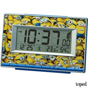 ミニオン 目覚まし時計 温度・湿度計付き ブルー ギフト 電波置き時計 見やすい 華やか リズム時計