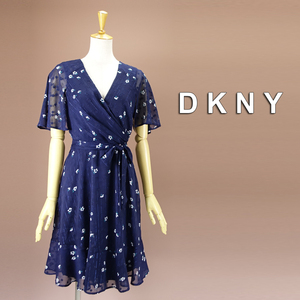 新品 DKNY 14/19号 ダナキャラン 紺 白 花柄 シフォン ワンピース パーティドレス 半袖 大きいサイズ 結婚式 二次会 フォーマル 凛45H1708