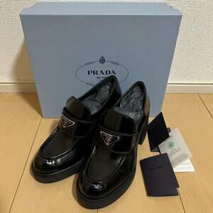 新品 未使用 美品 PRADA プラダ ハイヒール ローファー 23.5cm 36 1/2 ブラッシュドレザー 黒 ブラック 革靴 厚底