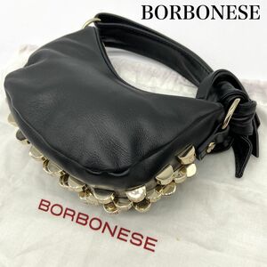 【希少】BORBONESE　ボルボネーゼ　オールレザー　ハンドバッグ　ブラック　ゴールド金具　パーティ