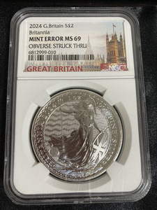 エラー銀貨　2024年 英国 2ポンド 1オンス ブリタニアエラー銀貨 NGC MS69 obverse struck THRU error 在庫一枚のみ