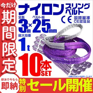 【数量限定セール】スリングベルト 3m 耐荷重1t 幅25mm 10本セット 玉掛け 吊りベルト ナイロンスリング 運搬用 ラッシング クレーン