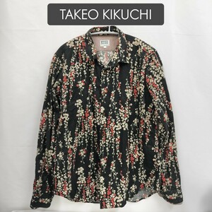 【USED】TAKEO KIKUCHI タケオキクチ メンズ 柄シャツ 和柄 長袖シャツ 3サイズ Ｌサイズ/花柄 黒 白 ピンク /ワールド 日本製 綿100%