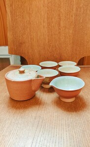 信楽焼？ 茶器セット 宝瓶 湯さまし 茶盃 7点セット 煎茶道具 煎茶器 杯 茶碗 茶道具 煎茶揃 7点セット 茶器 湯冷まし 玉露碗 煎茶器 急須