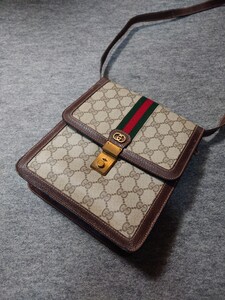 安スタ☆希少　中古　GUCCI グッチ　GG柄　PVCレザー　ショルダーバッグ　オールドグッチ　ブラウン系　鍵付き