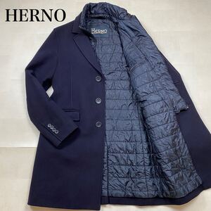 ☆美品☆Lサイズ HERNO ヘルノ レイヤード ロング チェスターコート ウール 中綿 キルティング ネイビー 48 インナー 紺