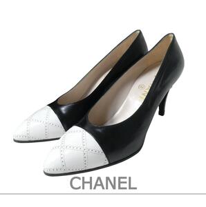 美品 CHANEL シャネル 35.5 約22.5㎝ レザー バイカラー アーモンドトゥ ハイヒール パンプス ブラック ホワイト