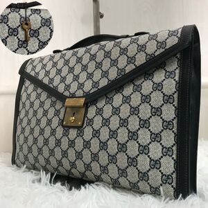 極美品●グッチ GUCCI ハンドバッグ ブリーフケース メンズ ビジネス 大容量 A4 書類 GGスプリーム PVC レザー ネイビー 紺色 鍵付き