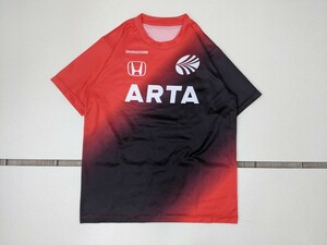 12．HONDA 日本製 BRIDGESTONE ARTA ロゴ プリント 速乾素材 半袖 Tシャツ オートバックス ホンダ ブリヂストン メンズM 赤系 x303