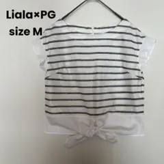 Liala×PG ボーダー カットソー リネン混 リボン 異素材 白 紺 M