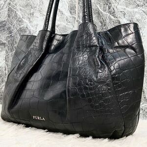 1円【美品 A4収納】フルラ FURLA トートバッグ クロコ 型押し 本革 メンズ ビジネス 肩掛け レザー レディース 大容量 ロゴ金具 黒 ハンド