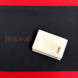 ほぼ未使用 SAINT LAURENT PARIS サンローランパリ YSL ロゴ レザー 本革 三つ折り 財布 小銭入れ 札入れ ミニ ウォレット ベージュ 72775