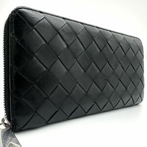 1円/極美品● BOTTEGA VENETA ボッテガヴェネタ 長財布 ラウンドファスナー ジップ イントレチャート マキシ レザー ブラック グリーン