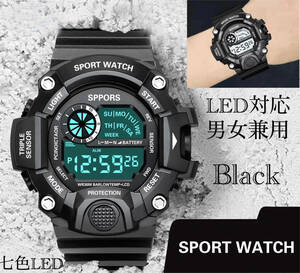 スポーツ腕時計　腕時計　時計　デジタル式 LED デジタル腕時計　デジタル 自転車　スポーツ アウトドア キャンプ　ランニング ブラック