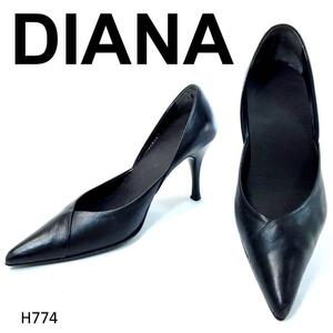 ダイアナ　ポインテッドトゥパンプス　セパレート　ピンヒール　ブラックレザー　23 DIANA