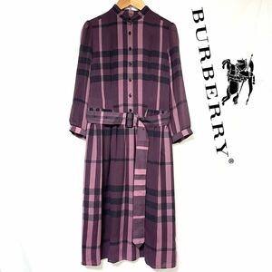 BURBERRY LONDON バーバリー ロンドン インナー付き ワンピース シャツ ノーカラー ノバチェック 日本製 シルク 絹 38 M パープル　ピンク