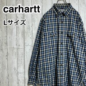 ☆送料無料☆ carhartt カーハート 長袖チェックシャツ Lサイズ ライトブルー ネイビー チェック柄 22-10