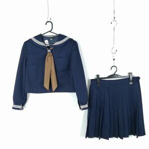 1円 セーラー服 スカート スカーフ 上下3点セット 大きいサイズ 冬物 白3本線 女子 学生服 鹿児島志布志高校 紺 制服 中古 ランクC EY6027