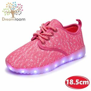 kids 7色に光る☆LED ライトアップ MIXツイードスニーカー 靴紐type 【ピンク 18.5cm】 韓国子供服 キッズ シューズ 子供用 男女