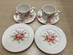 #25399 Cath Kidston キャス・キッドソン ペア ティーカップ&ソーサー バラ柄 / プレート2枚 箱無し 長期保管品