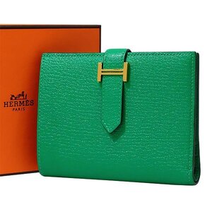 【送料無料】【本物】極美品★HERMES★エルメス★ベアンコンパクト★ミント★U刻印★シェーブル★ミニ財布★ユニセックス★二つ折り★緑★