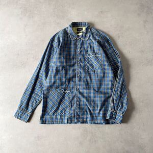 美品 BEAMS ビームス 長袖 コットン チェック ボックスシルエット スナップボタン パイピング デザインシャツ メンズ(M) 青 / a-020