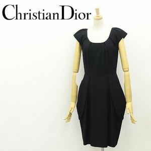 ◆Christian Dior クリスチャン ディオール フレンチスリーブ タック コクーン ウール ワンピース 黒 ブラック 40