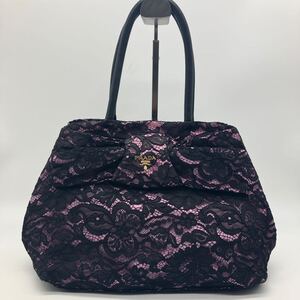 PRADA プラダ ハンドバッグ レース 花柄 ロゴ ブラック ナイロン レザー レディース