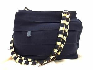 1円 ■美品■ Salvatore Ferragamo フェラガモ ヴァラチェーン キャンバス ショルダーバッグ トートバッグ レディース ネイビー系 BJ3211