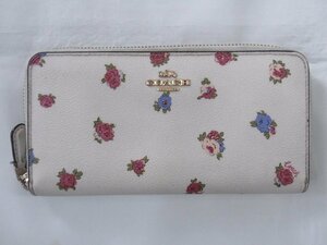 コーチ COACH ラウンドファスナー長財布 レザー ホワイト フラワー 中古良品