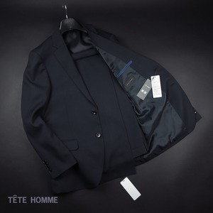 新品 ★ TETE HOMME テットオム 4WAY ストレッチ スーツ ウォッシャブル セットアップ 3201 942 紺 ストライプ 【L】