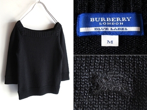 BURBERRY LONDON BLUE LABEL バーバリー ブルーレーベル ホースロゴ刺繍 ウールナイロン スクエアネックニット M 黒 ブラック 三陽商会