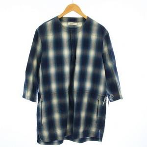 ノンネイティブ RANCHER PULLOVER LONG SHIRT QS C/P OMBRE CHECK ロングシャツ ノーカラー 七分袖 チェック 2 L 青 紺 NN-S2919 メンズ