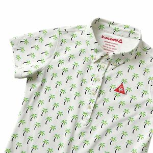 美品 le coq sportif GOLF ルコック ゴルフ UVケア ドライ ストレッチ 半袖 ボタンダウン ポロシャツ / M レディース 白 総柄 ゴルフウェア